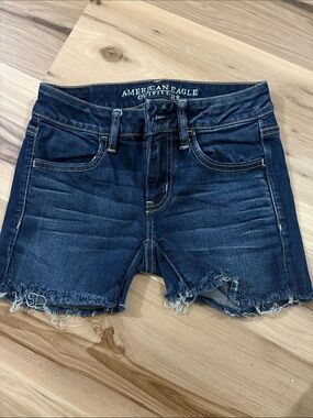 American Eagle Outfitters Dark Blue Denim Frayed Hem Shorts